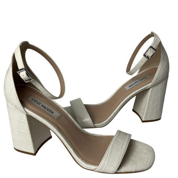 Steve Madden Womens 9 Dillion Ankle Strap Block Heel Sandal Cream Ivory Leather - Picture 1 of 8